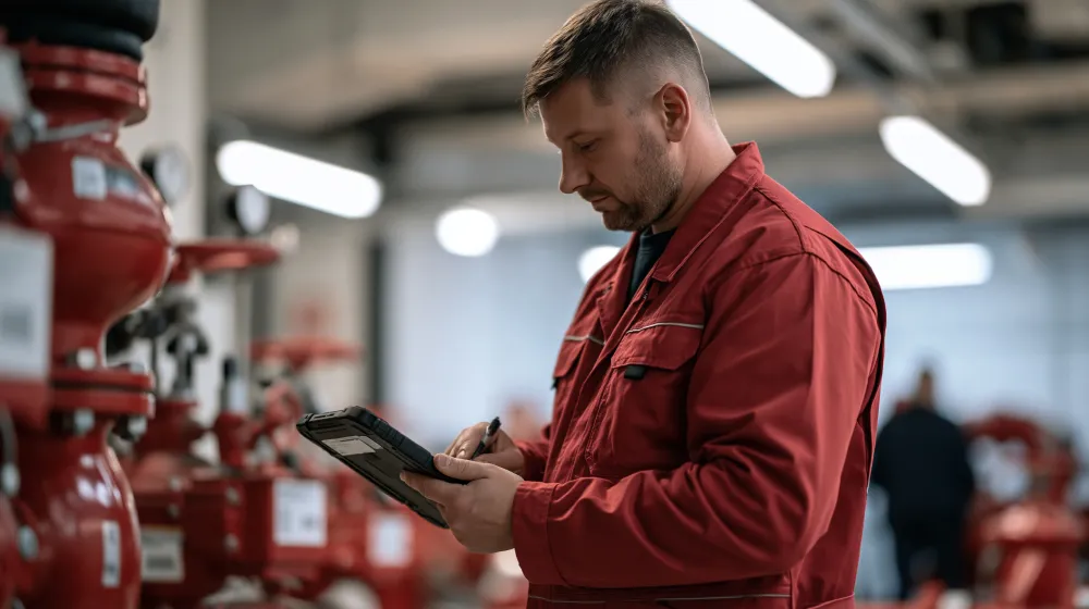 Technician with a tablet inspecting fire sprinkler valves
