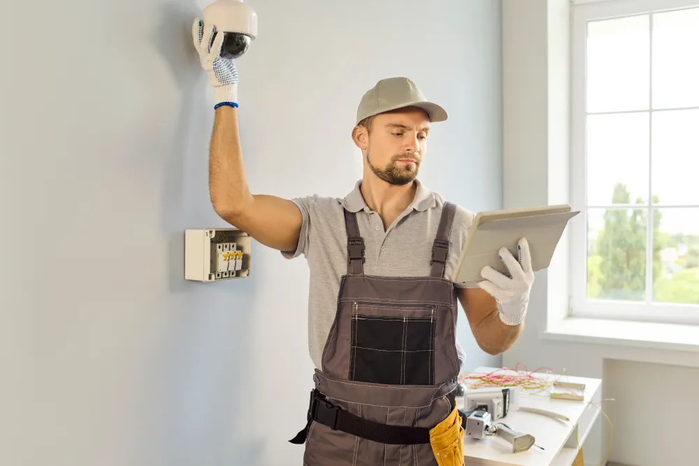 Technician installing a security camera on a wall while holding a tablet