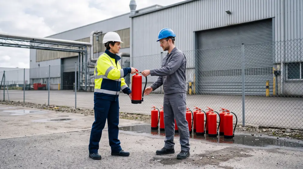 Two workers in safety gear inspecting fire extinguishers outside an industrial building
