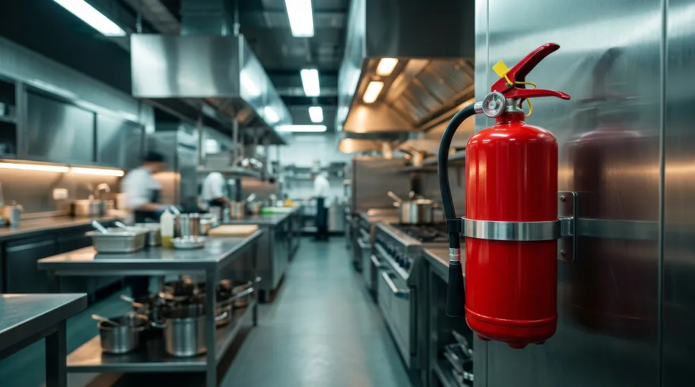 Fire extinguisher mounted in a commercial kitchen