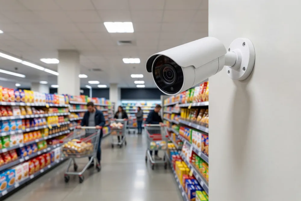 Security camera mounted above a grocery store aisle