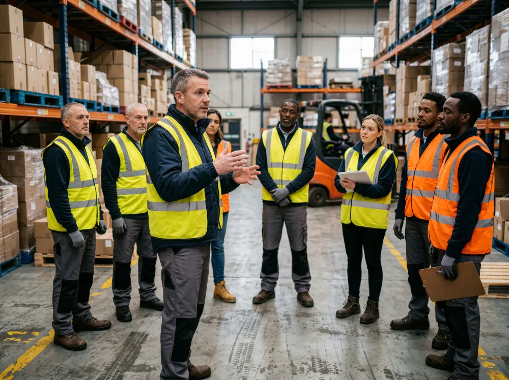 Team of workers in hard hats and safety vests at a warehouse safety briefing
