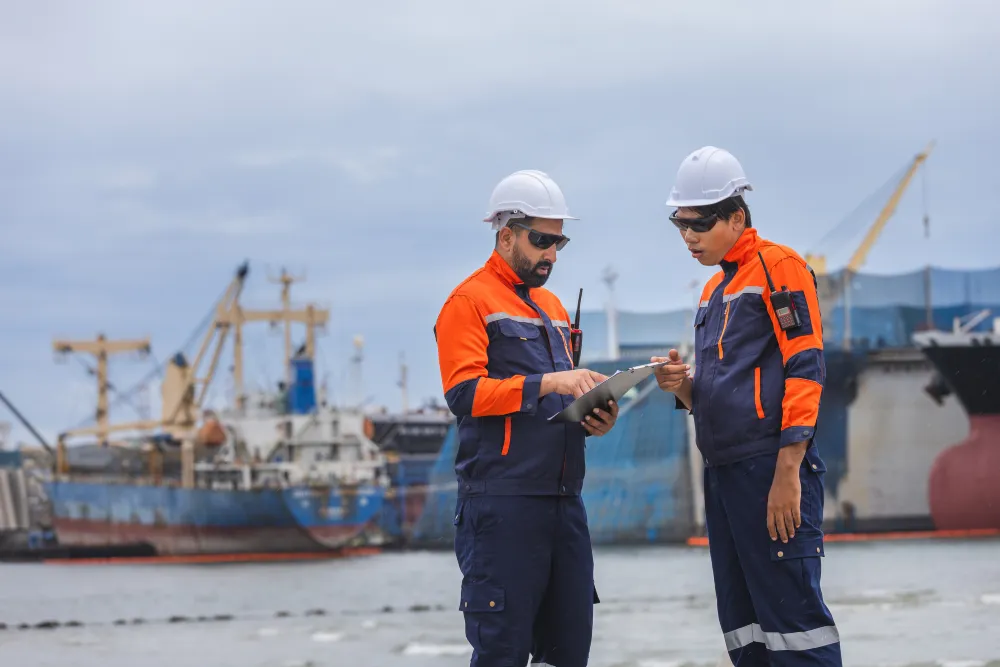 Two workers in hard hats reviewing a tablet at a port with ships