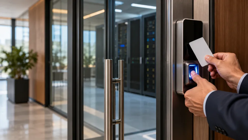 Key card being tapped on an access reader at a server room door