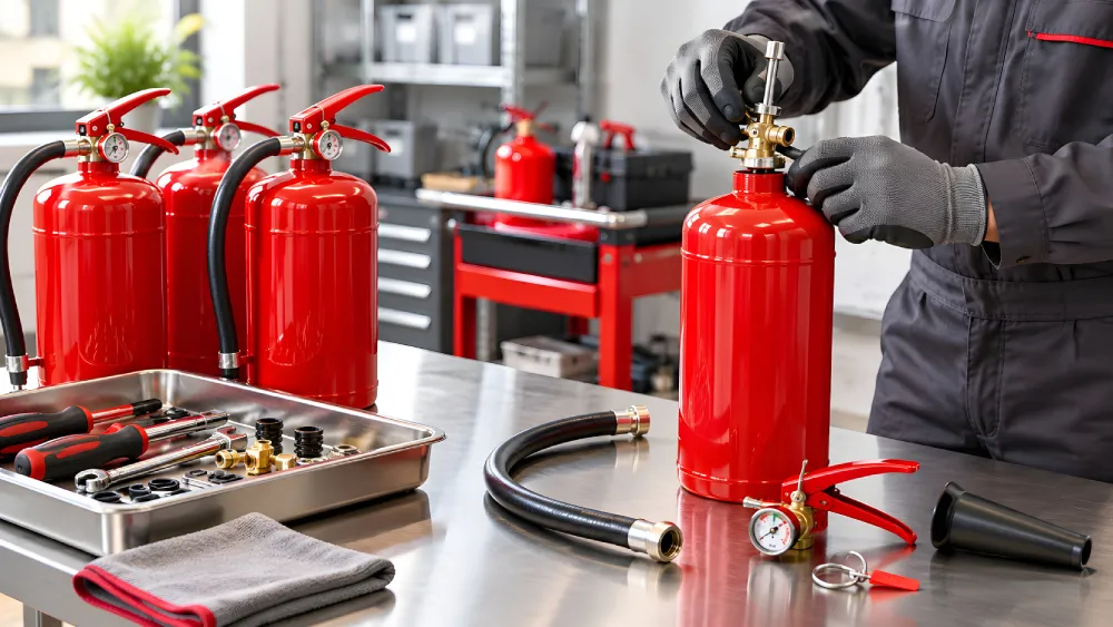 Technician servicing fire extinguishers on a workbench