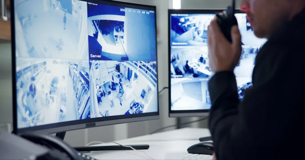 Security guard with a radio watching surveillance monitors