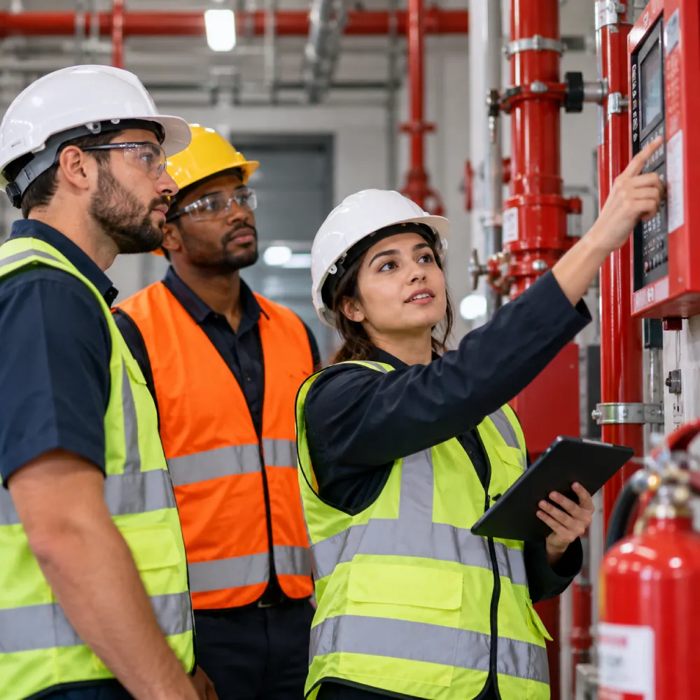 Three technicians in hard hats and safety vests reviewing fire sprinkler risers