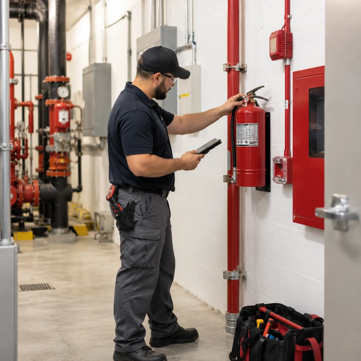 Technician with a tablet inspecting a fire extinguisher and pull station in a utility corridor