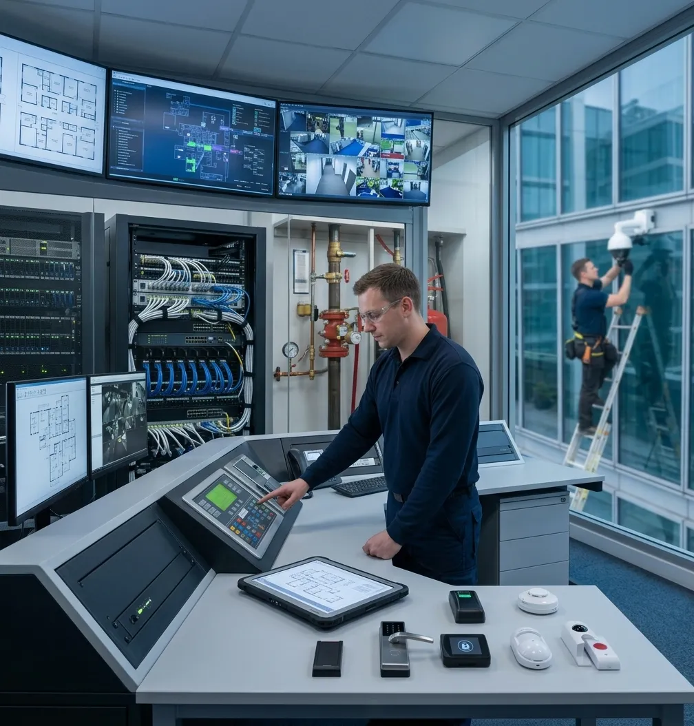 Operator at a control room console with video monitoring screens