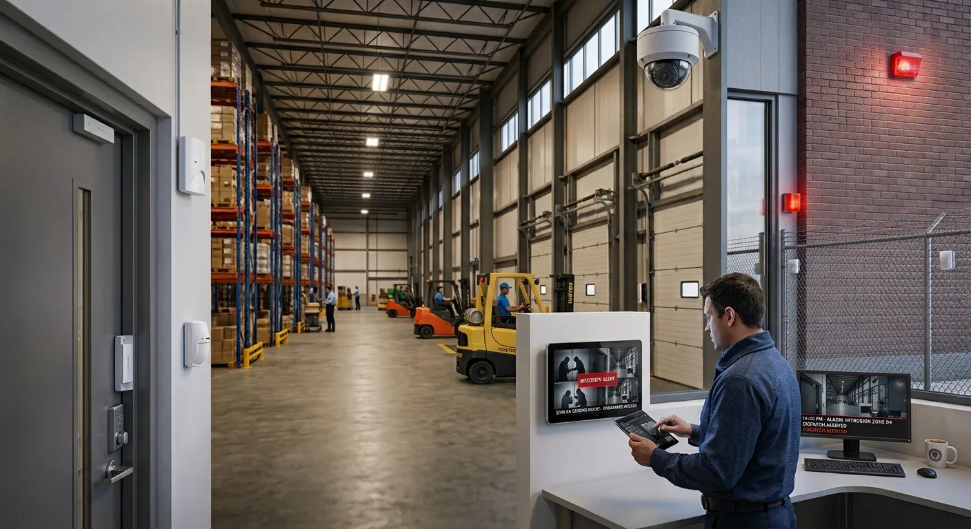Security operator monitoring alarm screens in a warehouse office
