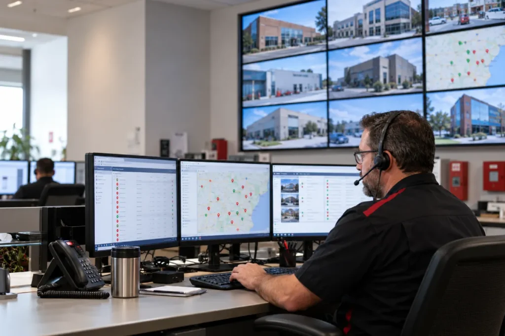 Monitoring operator at a workstation viewing video feeds from multiple facilities