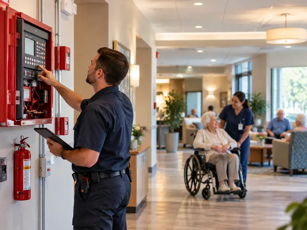 Technician inspecting fire alarm equipment in a senior living common area