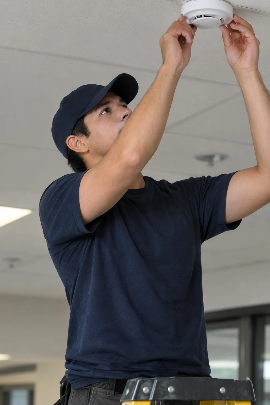 Technician installing a ceiling smoke detector