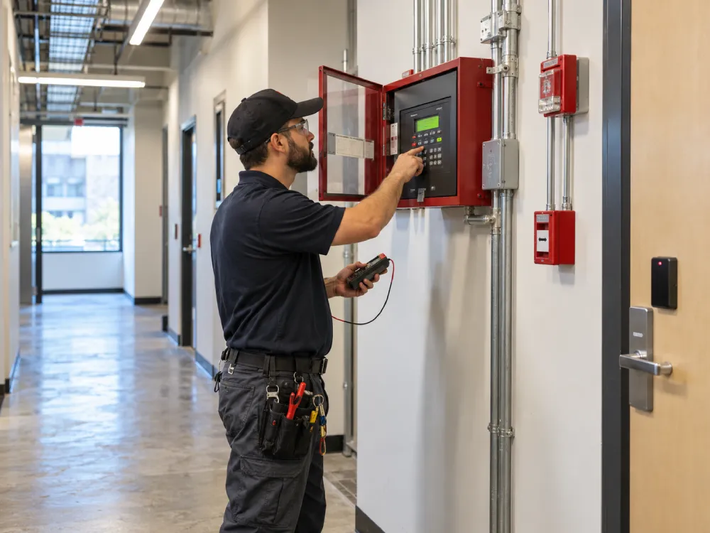 Technician servicing a fire alarm panel in a commercial hallway