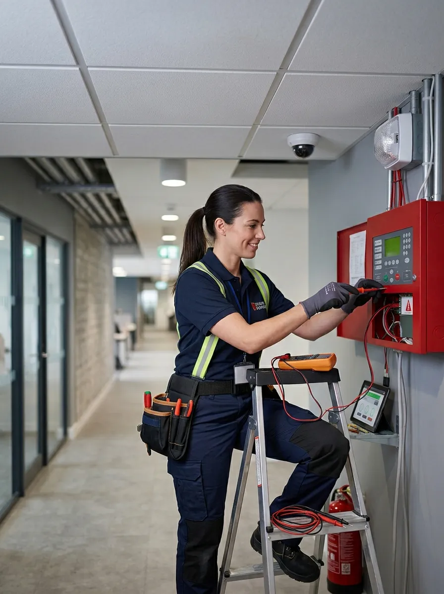 Technician on a ladder servicing a fire alarm panel