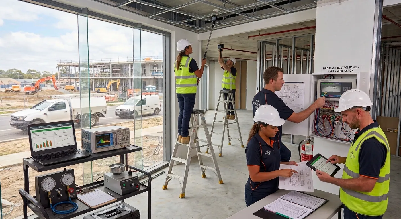 Fire inspection team in hard hats reviewing plans at a construction site