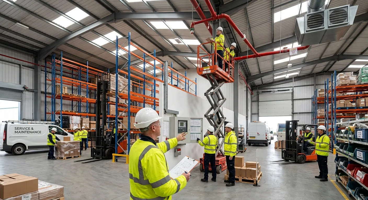 Technicians in safety vests working in a busy warehouse